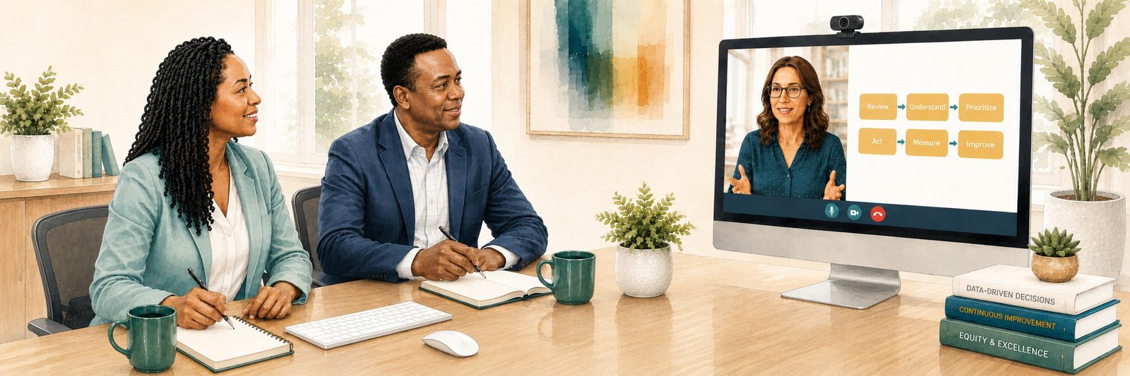 Video conversation walking through the Review, Understand, Prioritize, Act, Measure, Improve process